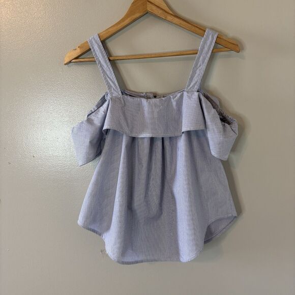 Maeve Anthropologie Blue Pinstripe Top Off The Shoulder Ruffle Button Tank Sz 4 - Picture 6 of 8